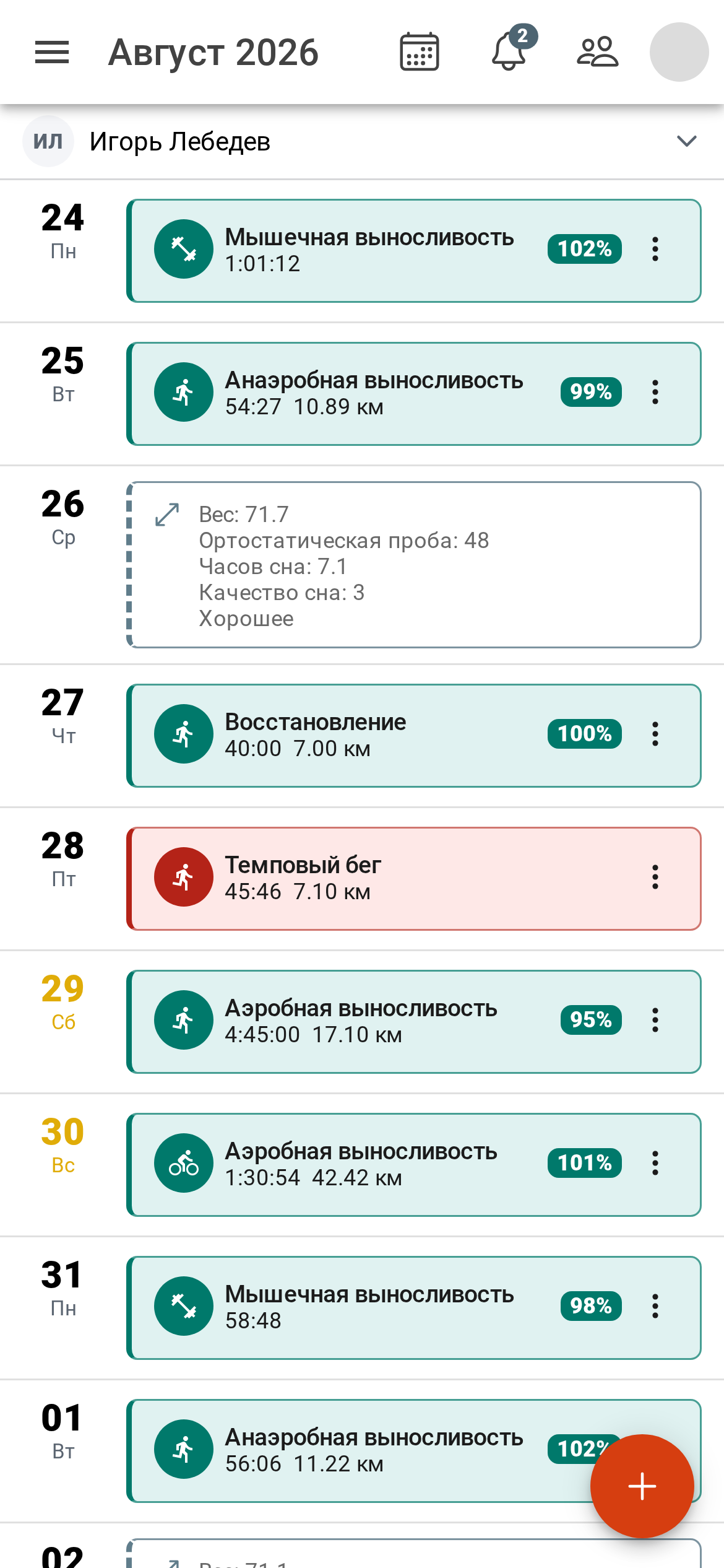 Календарь в приложении Staminity
